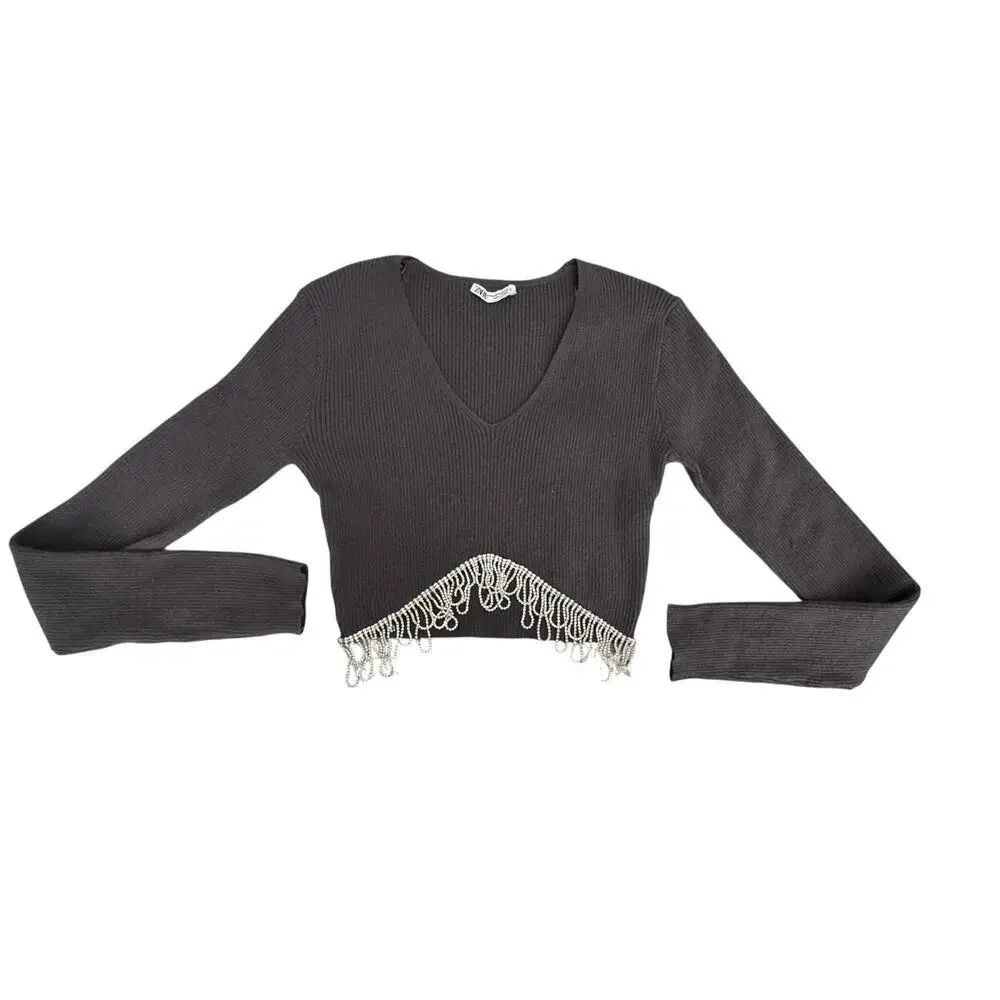 ZARA Gray Ribbed Knit Cropped Sweater w/ Pearl Rhinestone Fringe Hem - Size‎ M